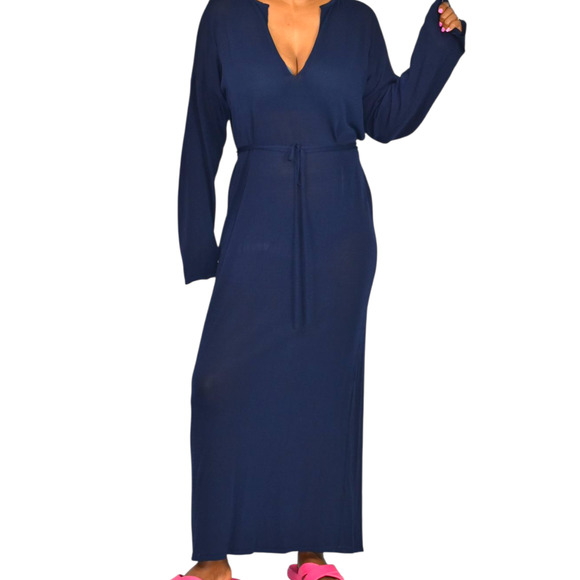 Zara Knit Maxi Dress Blue Sheer V Neck Oversized Belt Caftan Long Viscose Medium - Picture 9 of 14